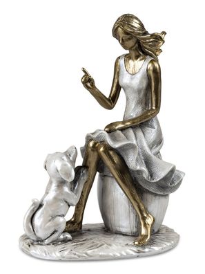 Dekofigur Frau mit Hund | Figur Skulptur gold silber | 18x12 cm (Gr. ca. 18x12x8 cm)