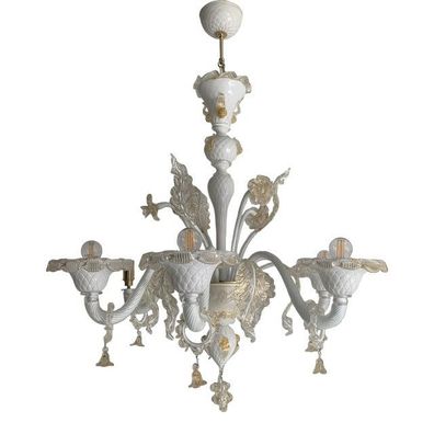 Milky and Gold Murano Glass Chandelier With Flowers and Leaves by SimoEng