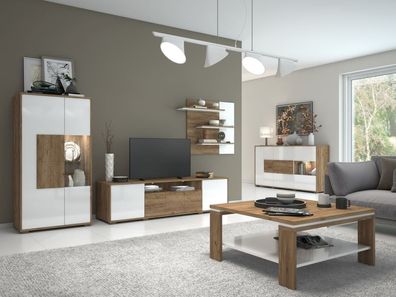 Wohnzimmer Komplett - Set B Manase, 5-teilig, Farbe: Eiche Braun / Weiß Hochglan