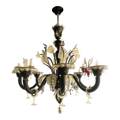 2000s Venetian Black and Gold-Leaf Murano Glass Chandelier With Flowers and Leaves