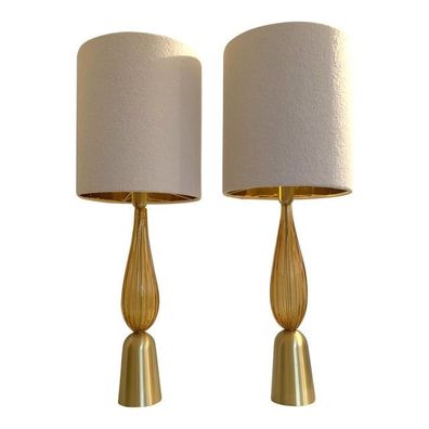 Set of 2 Contemporary Amber and Gold Murano Glass Table Lamps With Bouclé Lampshde