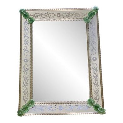 Contemporary Venetian Rectangular Green Floreal Hand-Carving Mirror in Murano Glass