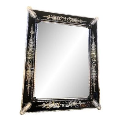 21st Century Venetian Black Floreal Hand-Carving Wall Mirror in Murano Glass