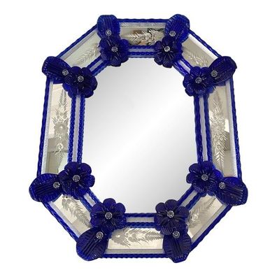 Venetian Octagonal Blue Floreal Hand-Carving Mirror in Murano Glass Style by SimoEng