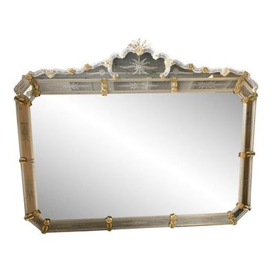 Venetian Rectangular Gold Floreal Hand-Carving Mirror in Murano Glass Style - SimoEng