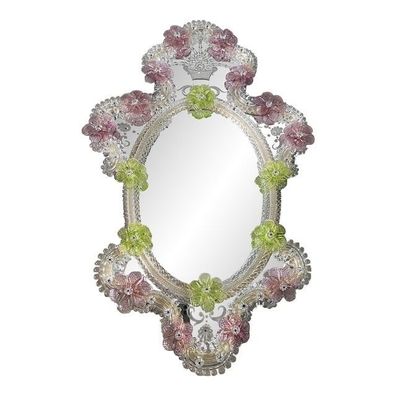 2000s Venetian Oval Green and Pink Floreal Hand-Carving Mirror in Murano Glass Style