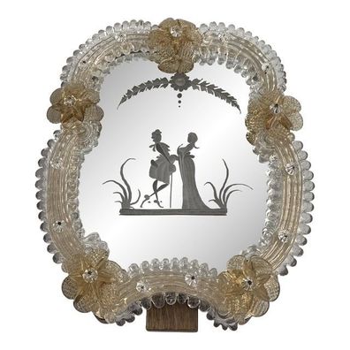 Transparent and Gold Murano Glass Mirrror Frame With Flowers and Hand Engraved