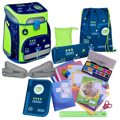 Scooli Schulranzen LEVEL UP 19 Teile-Set mit gefüllter Federmappe uvm blau-gelb Glow