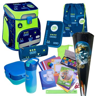 Scooli Schulranzen LEVEL UP 21 Teile-Set mit viel Zubehör Gaming Weltall Glow Edition