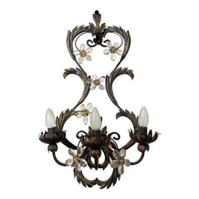 Contemporary Brunito and Rush Florentine Wrought Iron Wall Lamp With Floreal Crystals