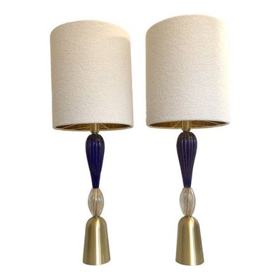 Set of 2 Contemporary Gold and Blue Murano Glass Table Lamp With Shade by SimoEng