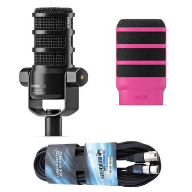 Rode Mikrofon Podmic USB mit WS14P Popschutz Pink und Kabel