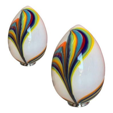 Murano Style Glass Multicolored Reeds White Egg Lamps Lot of 2 by SimoEng