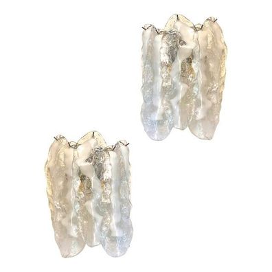 Set of Two Transparent and White “Fiamma” Murano Glass Wall Sconces by SimoEng