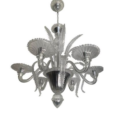 Venetian Transparent Murano Style Glass Chandelier With Ferns "Felci" Leaves