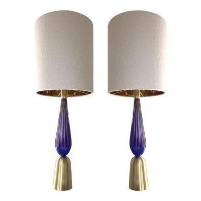 Set of 2 Contemporary Gold and Blue Murano Glass Table Lamps With Gold Leaf - SimoEng