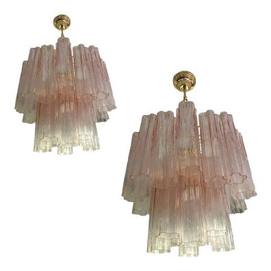 Contemporary Pink Murano Glass Style Tronchi Venini Chandeliers - a Pair By SimoEng