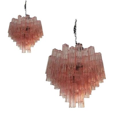 Pair of 21st Century Murano Style Glass Sputnik Chandelier Pink and Brunito Metal