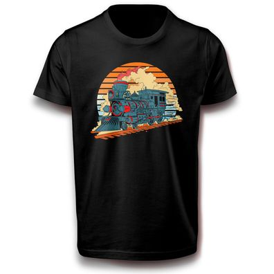 Dampflok im Sonnenuntergang Vintage Dampflokomotive Dampfzug Fun Baumwolle T-Shirt