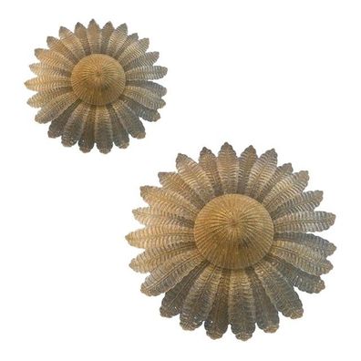 Pair of Contemporary Venetian Sunflwer Murano Style Glass Gold Flush Mounts - SimoEng