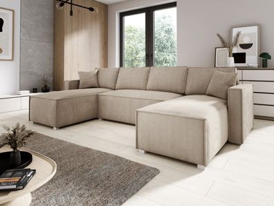 Ecksofa U-Form NOEMI Polsterecke Eckcouch Wohnlandschaft Schlaffunktion Beige PS02