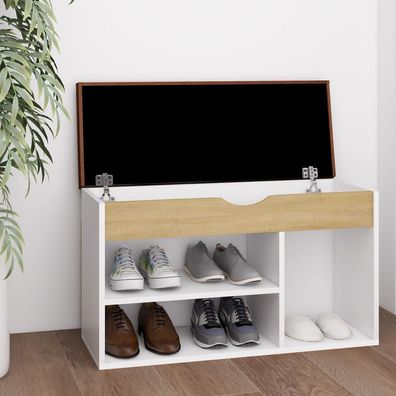 vidaXL Schuhbank mit Kissen Weiß Sonoma-Eiche 80x30x47cm Holzwerkstoff