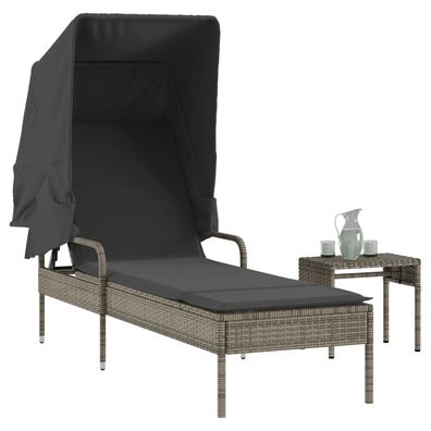 vidaXL Sonnenliege mit Dach und Tisch Grau Poly Rattan