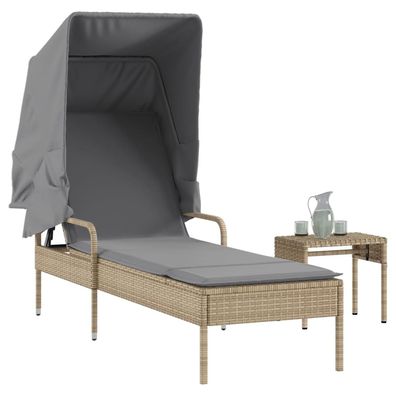 vidaXL Sonnenliege mit Dach und Tisch Beige Poly Rattan