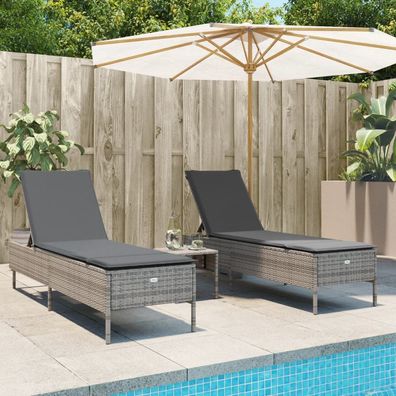 vidaXL Sonnenliegen mit Auflagen 2 Stk. Grau Poly Rattan