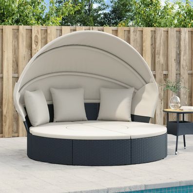 vidaXL Outdoor-Loungebett mit Dach und Kissen Schwarz Poly Rattan