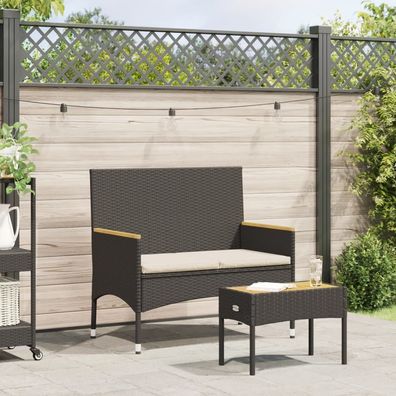 vidaXL Gartenbank 2-Sitzer mit Kissen und Tisch Schwarz Poly Rattan