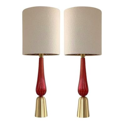 Lot of 2 Contemporary Gold and Red Murano Glass Table Lamp With Shade by SimoEng