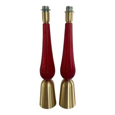 Lot of 2 Gold and Red Murano Glass Table Lamp With Shade by SimoEng