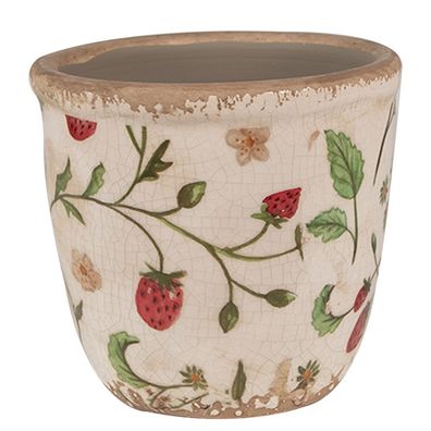 Clayre & Eef Blumentopf Ø 11x10 cm Beige Rot Keramik Erdbeeren (Gr. Ø 11x10 cm)
