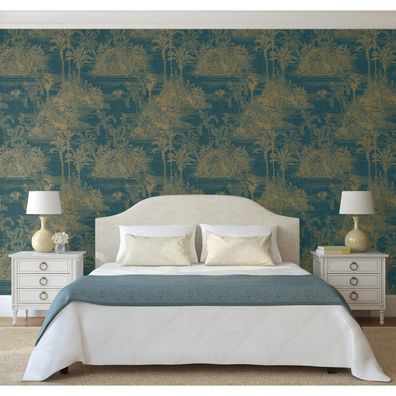 DUTCH Wallcoverings Tapete Tropical Dunkelblau und Golden