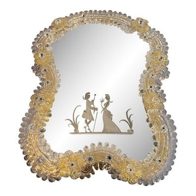 Contemporary Venetian Table Mirror Frame With Trasparent and Gold-Leaf Flowers