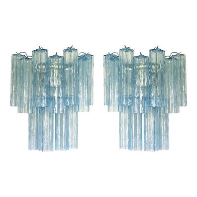 Light-Blue “Tronchi” Murano Glass Wall Sconces in Venini Style - a Pair by SimoEng