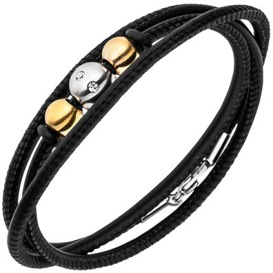 Armband Nappa-Leder schwarz mit Edelstahl und 8 Zirkonia Lederarmband