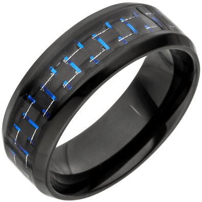 Gr. 58 - Herren Ring Edelstahl schwarz beschichtet mit Carbon Einlage blau