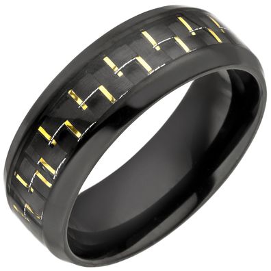 Gr. 58 - Herren Ring Edelstahl schwarz beschichtet mit Carbon Einlage goldfarben