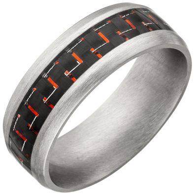 Gr. 58 - Herren Ring Edelstahl matt Carbon-Einlagen roten Effekten Herrenring