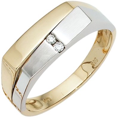 Gr. 62 - Herren Ring 585 Gold Gelbgold Weißgold mattiert 2 Diamanten Brillanten