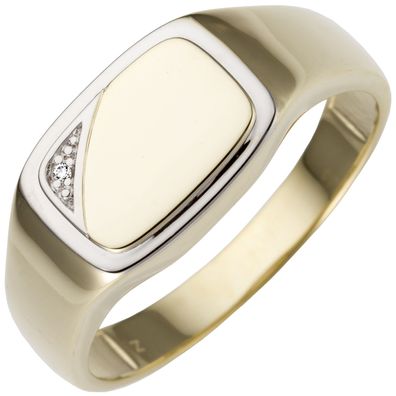 Gr. 64 - Herren Ring 585 Gold Gelbgold bicolor 1 Diamant Brillant Herrenring