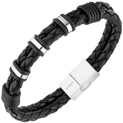 Herren Armband 2-reihig Leder schwarz mit Edelstahl 21 cm Herrenarmband