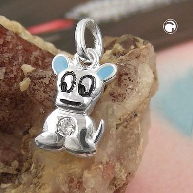 Anhänger 12x8mm kleiner Hund hellblau farbig lackiert mit Zirkonia Silber 925