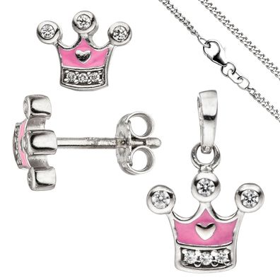 Kinder Mädchen Schmuck-Set Krone pink rosa 925 Silber Zirkonia mit Kette 42 cm