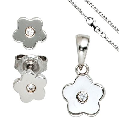 Kinder Schmuck-Set Blume 925 Silber mit Zirkonia Anhänger Ohrringe Kette 38 cm