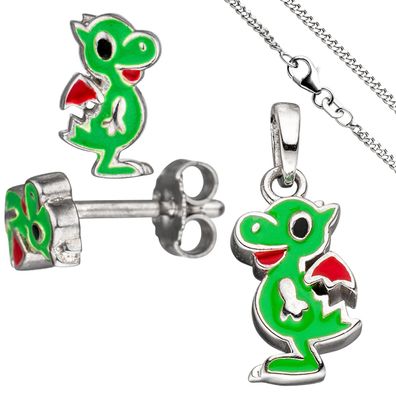 Kinder Schmuck-Set Kleiner Drache 925 Silber grün lackiert mit Kette 42 cm