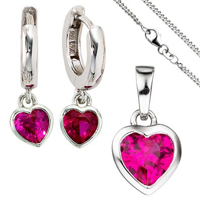 Kinder Mädchen Schmuck-Set Herz pink rosa 925 Silber Zirkonia mit Kette 38 cm