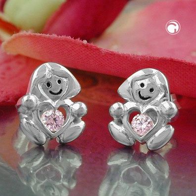 Ohrstecker Ohrring 9,5x8mm Kinderohrring Mädchen mit Herz Zirkonia pink glänzend